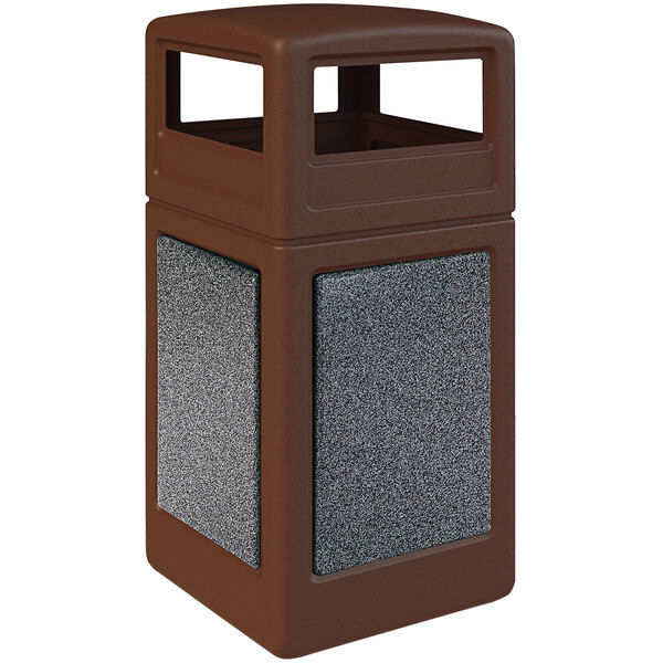 A brown rectangular Commercial Zone StoneTec waste receptacle with a brown lid and pepperstone panels.