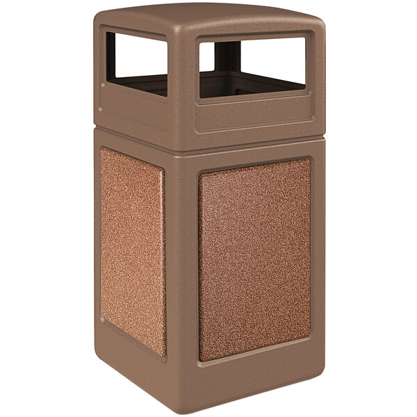 A brown rectangular Commercial Zone StoneTec trash can with a square top and Sedona panels.