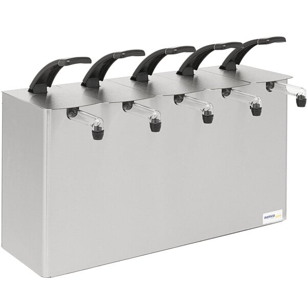 A silver rectangular Nemco countertop pump dispenser with black handles.