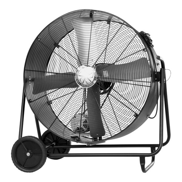 A large black TPI industrial drum fan on wheels.