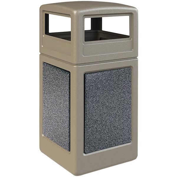 A beige rectangular trash can with a square top and grey pepperstone panels.