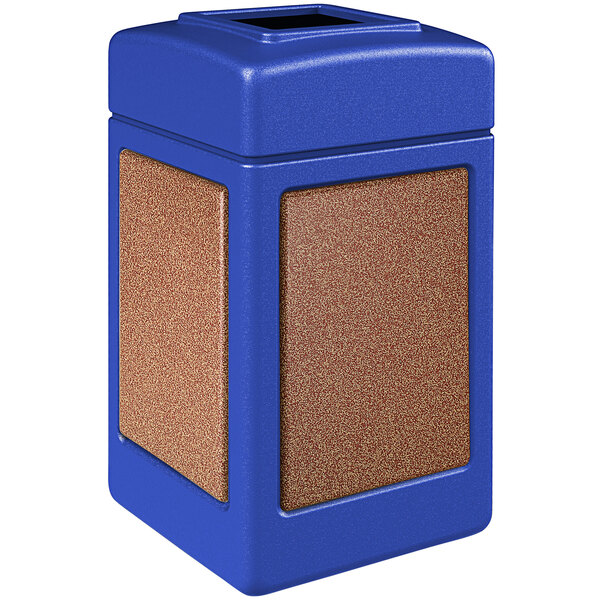 A blue and brown Commercial Zone StoneTec rectangle trash can with brown square panels.
