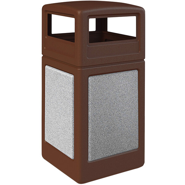 A brown Commercial Zone StoneTec waste receptacle with white panels and a white dome lid.