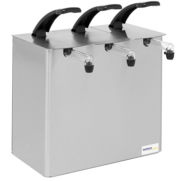 A silver rectangular Nemco stainless steel countertop pump dispenser with three black handles.