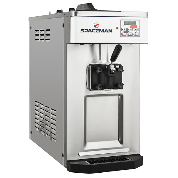 A silver and black Spaceman commercial ice cream machine with a handle.