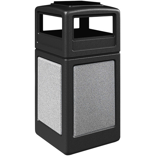 A black Commercial Zone StoneTec waste receptacle with Ashtone panels and an ashtray dome lid.