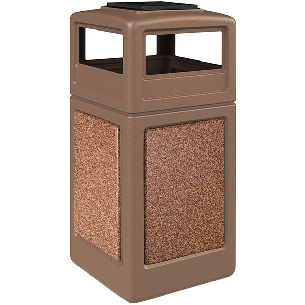 A brown Commercial Zone StoneTec waste receptacle with Sedona panels and an ashtray dome lid.