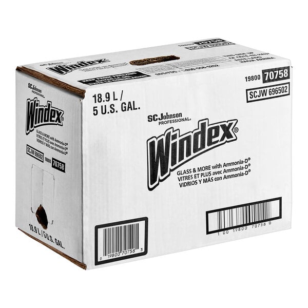 A white bag in box with black text that reads "Windex Powerized Glass Cleaner" on a white background.
