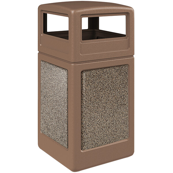 A brown rectangular Commercial Zone StoneTec trash can with a square top and riverstone panels.