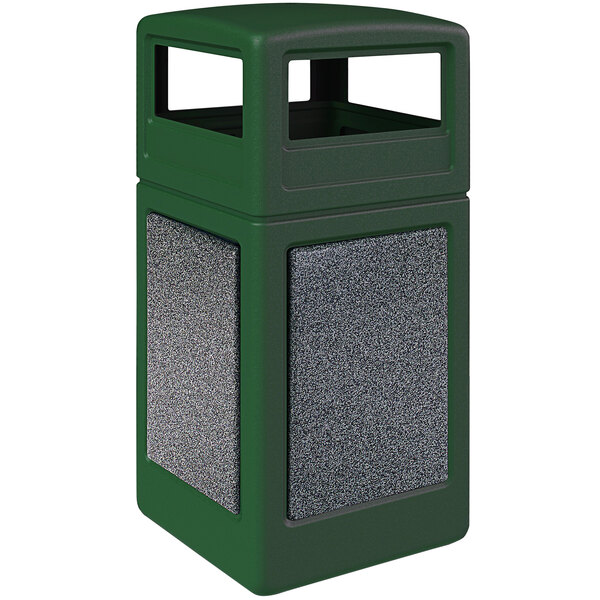 A green rectangular Commercial Zone StoneTec trash can with a grey square dome lid.