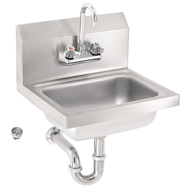 Vollrath K1410CS 17" x 15" 20-Gauge Stainless Steel Wall Mounted Hand Sink with Strainer, Splash Guards, and Gooseneck Faucet - 5 1/2" Deep