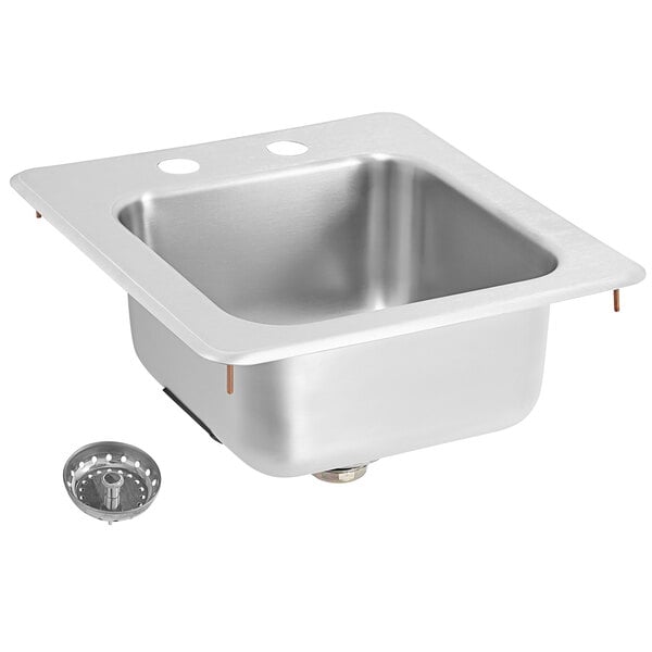 Vollrath 1554-C 15" x 15" 1 Compartment 20-Gauge Stainless Steel Drop-In Bar Sink with Strainer and 4" Centers for Deck Mounted Faucet - 6 3/16" Deep