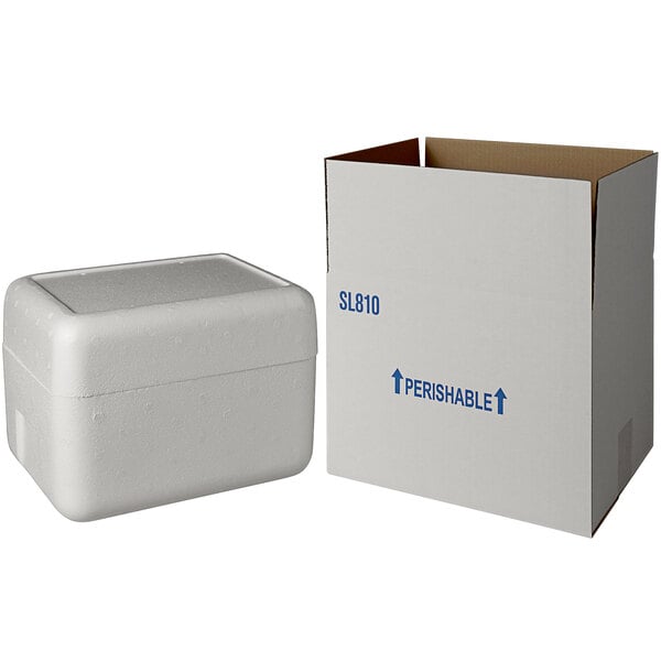A white insulated shipping box with a white styrofoam cooler inside.