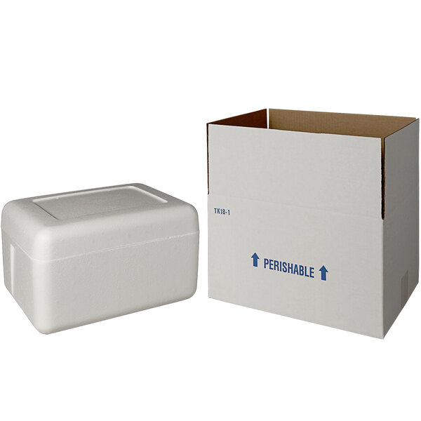 A white styrofoam box with blue writing.
