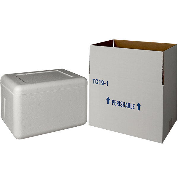 A white insulated shipping box with a white styrofoam cooler inside.