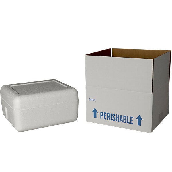 A white insulated shipping box with a white styrofoam cooler inside.