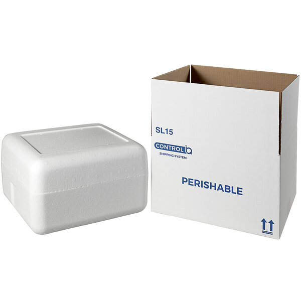 A white styrofoam insulated shipping box with a white lid.