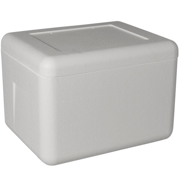 An insulated white styrofoam cooler box with a lid.