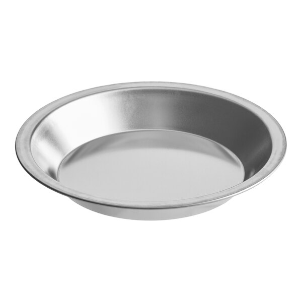 An aluminum pie pan with an 8-inch diameter and 1 1/4-inch depth.