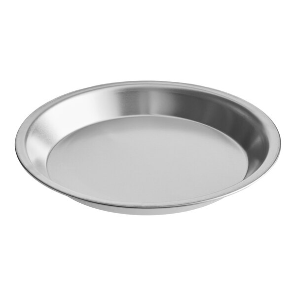 An aluminum pie pan with a shallow, round shape and slightly sloped sides.