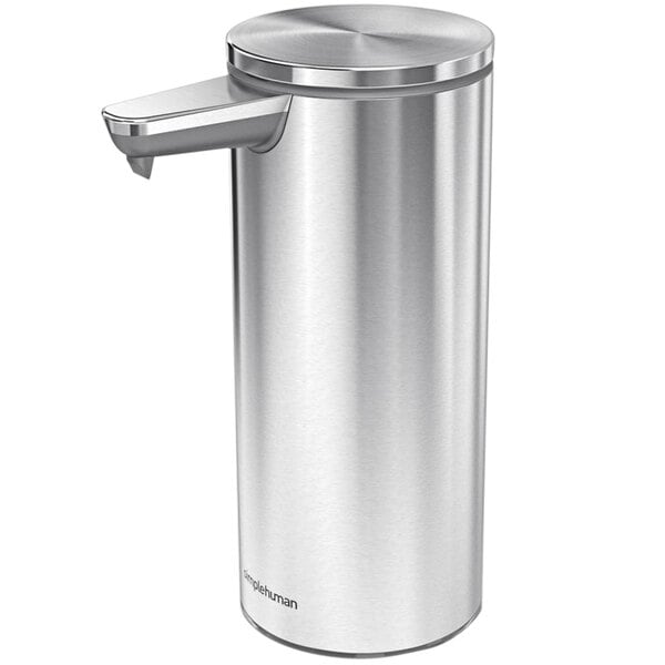 A Simplehuman brushed stainless steel soap dispenser with a lid.