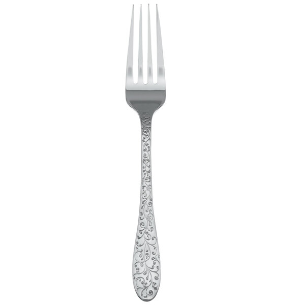 A silver stainless steel salad fork with a diamond pattern on the handle.