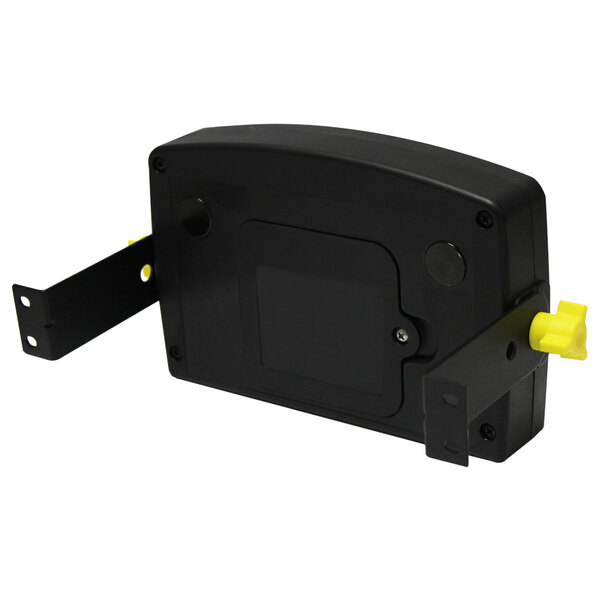 A black plastic mounting kit for Kitchen Brains BB and Scrub Buddy timers with yellow knobs.