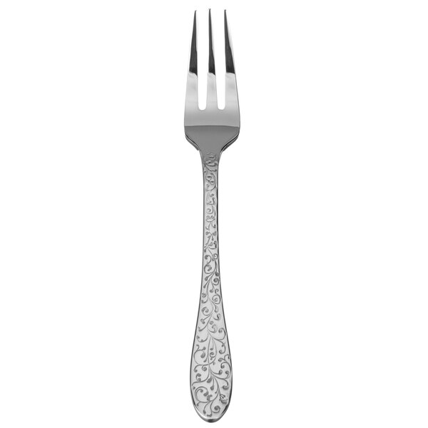 A Oneida Ivy Flourish stainless steel oyster/cocktail fork with a silver handle and a design.