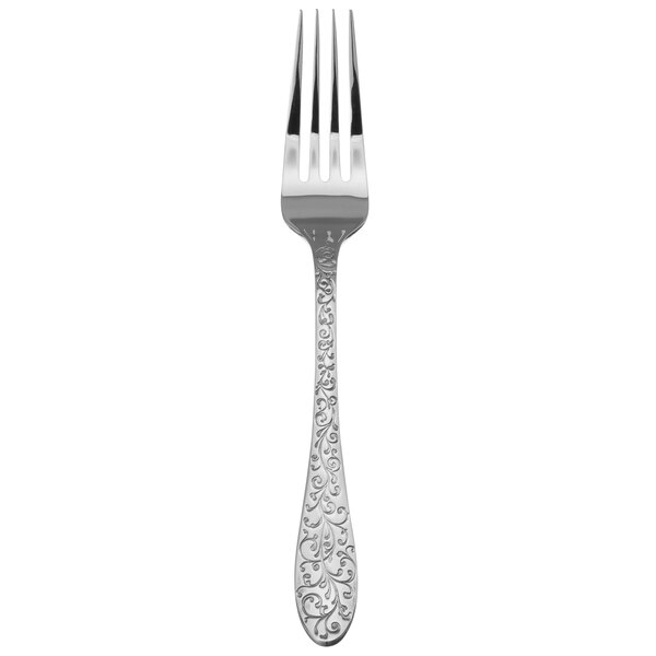 An 18/10 stainless steel Oneida dinner fork with a swirl design.
