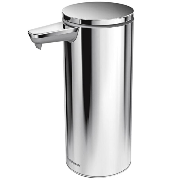 A Simplehuman stainless steel soap dispenser with a polished finish and a lid.