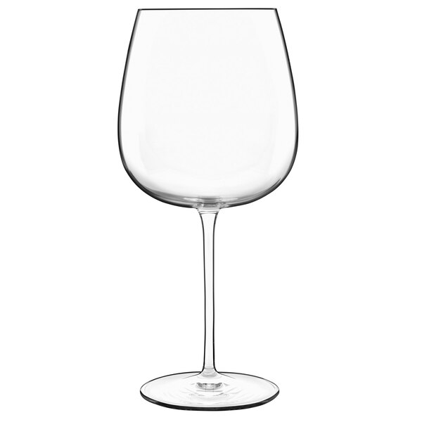 A close-up of a clear Luigi Bormioli wine glass with a stem.
