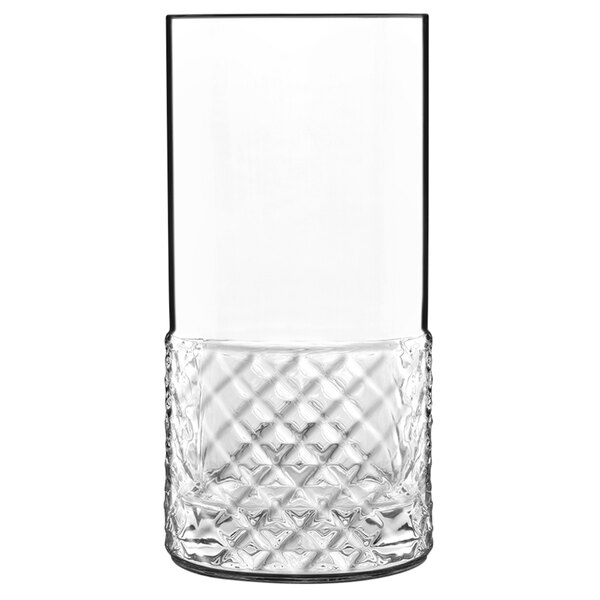 A close up of a Luigi Bormioli highball glass with a diamond pattern.