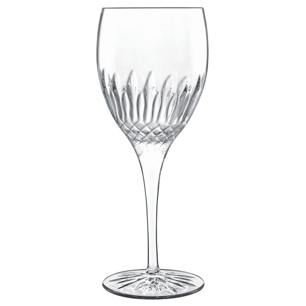 A Luigi Bormioli Diamante Riesling wine glass with a curved stem.