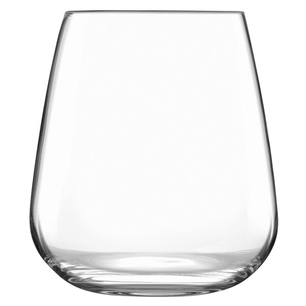 A Luigi Bormioli stemless wine glass.