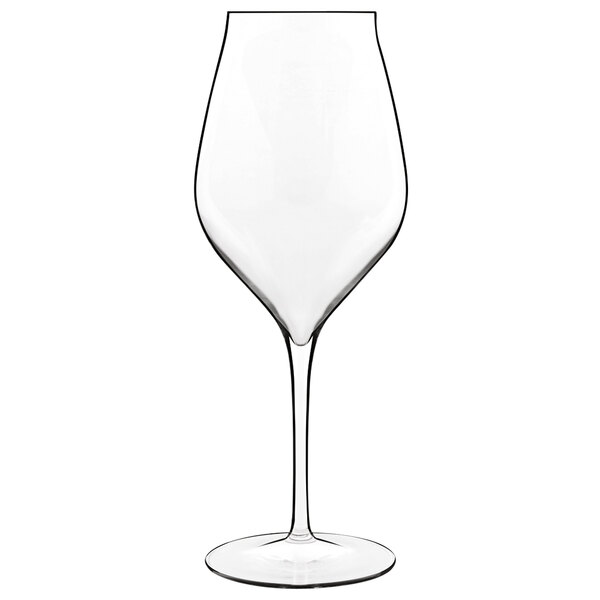 A close-up of a Luigi Bormioli Vinea white wine glass with a clear stem.