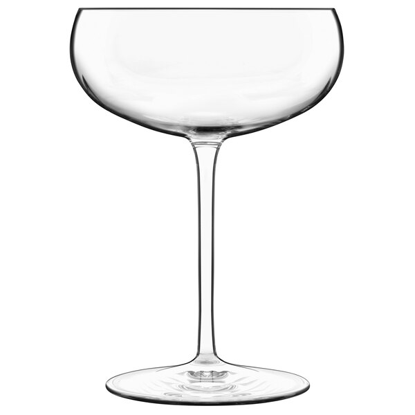 A Luigi Bormioli champagne coupe glass with a long stem.