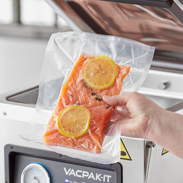 A hand holding a Choice vacuum packaging bag with salmon and lemon slices.