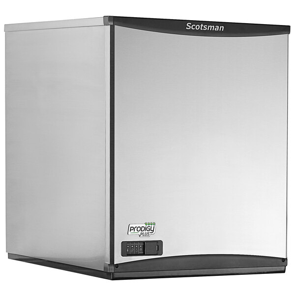 A silver and black Scotsman Prodigy Plus water cooled ice machine with buttons.
