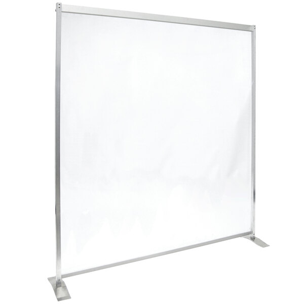 A clear PVC American Metalcraft freestanding partition with a metal frame.
