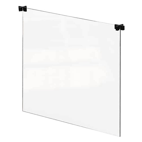A white rectangular table divider with clear glass and black metal clips.