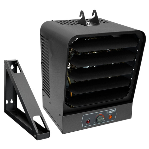A black King Electric industrial heater with a mounting bracket and mechanical thermostat.