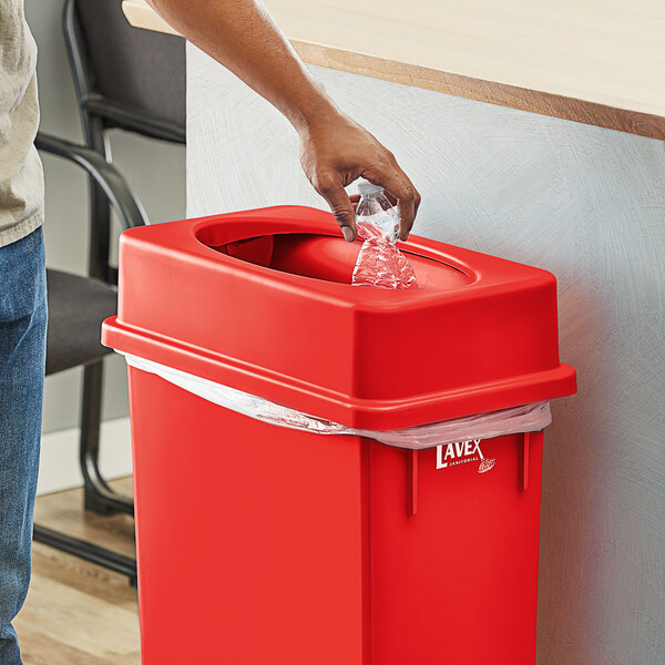 Lavex Red Slim Rectangular Trash Can Drop Shot Lid