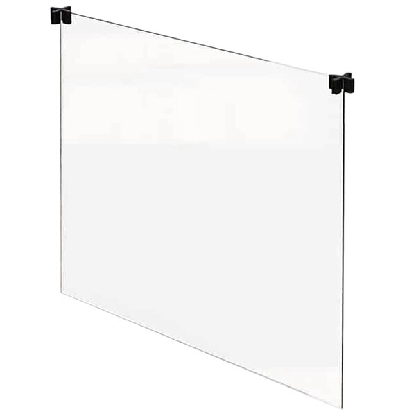 A white rectangular object with a clear glass panel and black metal clips.