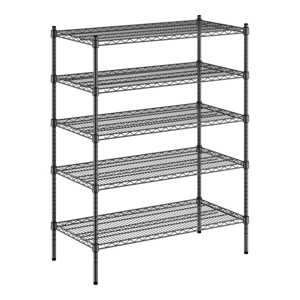 A black metal wire shelving unit with 5 shelves.