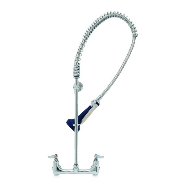 A chrome T&S pre-rinse faucet with a blue handle and a hose attached.