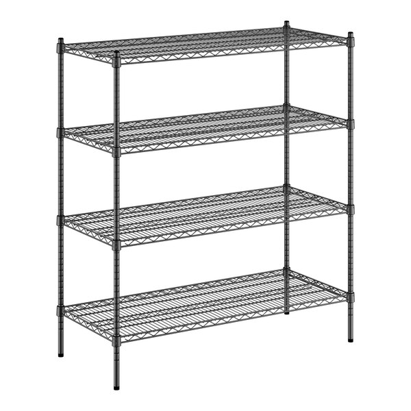 A black wire shelving unit with four metal shelves.