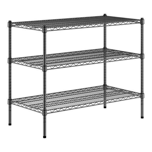 A Regency black metal wire shelving kit with three shelves.