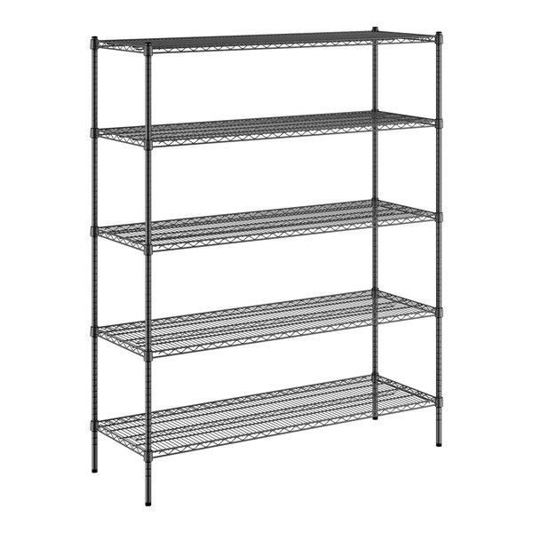 A close-up of a black metal Regency wire shelving unit with four shelves.