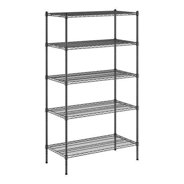 A black wire shelving unit with five shelves and wheels.