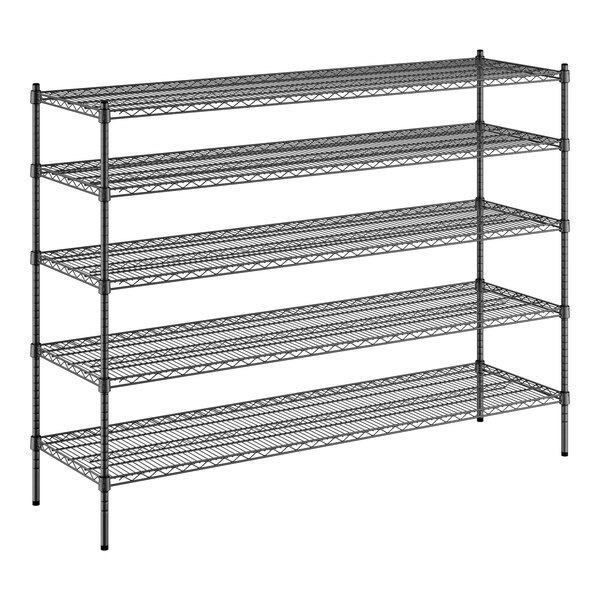 A black metal wire shelving unit with five shelves.